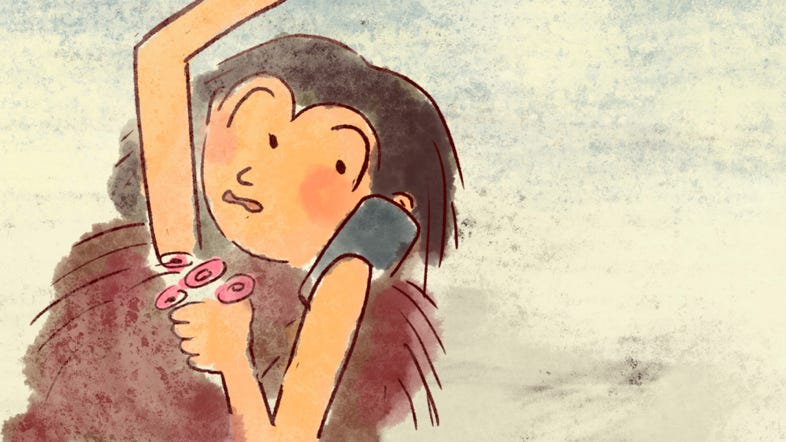Das Steinszeitmädchen telefoniert mit dem Mobilephone. Zeichtrickfilm 2D von Martine Ulmer, brigae Haelg und Basil Vogt zum 50 Geburtstag der GSFA (Groupement Suisse du Film d'Animation). Der Animationsfilm wurde durch das Trickbüro in Zürich ausgeführt.
