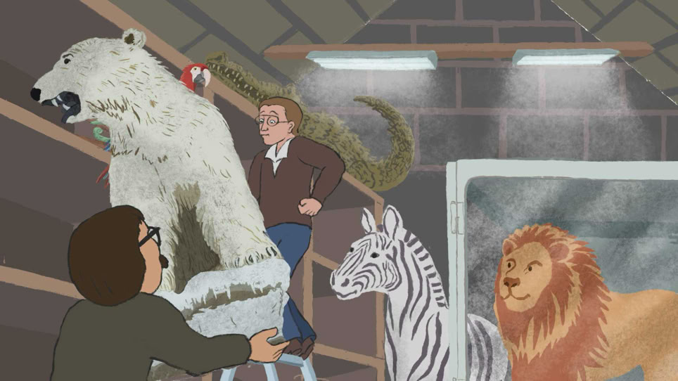 Neu ist: Alle Exponate, welche nicht zum Thema der Ausstellung passen, kommen ins Lager. Löwe Eisbär, Zebra, Krokodil, Ara im Museumsarchiv. Präventive Konservierung. Trennung von Ausstellung und Sammlung. "Am Anfang war ein Hugi" Naturmuseum Animation Illustration Trickfilm Schweiz