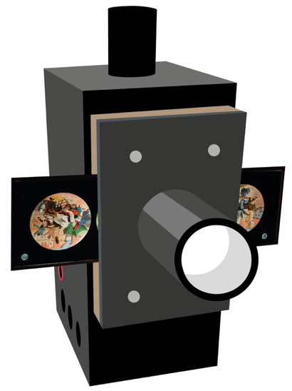 Mit der Laterna Magica lässt sich ein Standbild projizieren. Es kann aber auch ein elektromechanisches Hubmagnet eingebaut werden, so dass einzelne Bildelemente mit einer Steuerung bewegt werden können. Das Exponat wurde von Basil Vogt gebaut und kann für Sonderausstellungen ausgeliehen werden. 