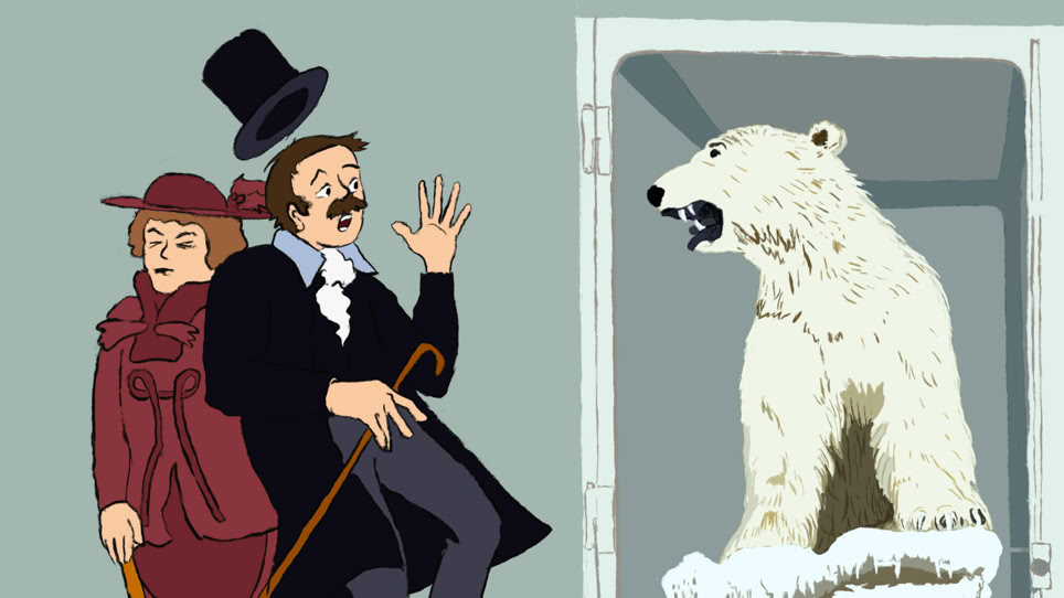 Raubtiere wurden in den Tierpräparaten oft bedrohlich dargestellt. "Am Anfang war ein Hugi" Naturmuseum Animation Illustration Trickfilm Schweiz