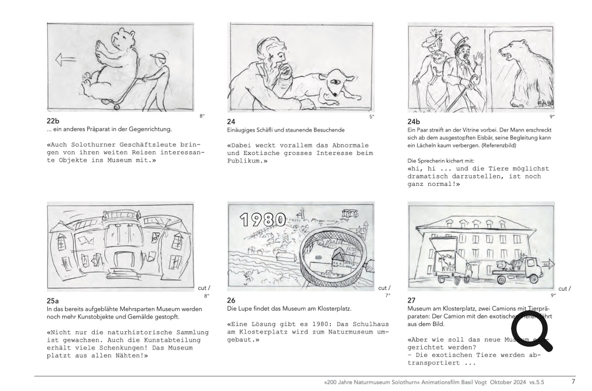 Storyboard zum Animatons Film "Am Anfang war ein Hugi - 200 Jahre Naturmuseum Solothurn" Erzählfilm Basil Vogt