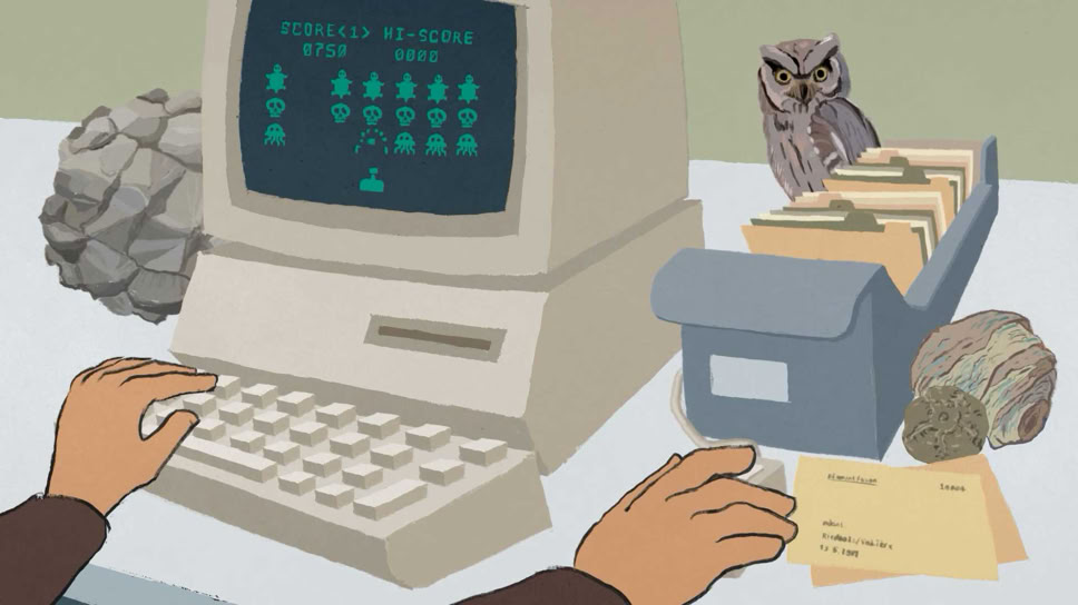 Früher Computer; Digitalisierung; Versteinerung, Wespennest; Space-Invaders; Karteikarte; "Am Anfang war ein Hugi" Naturmuseum Animation Illustration Trickfilm Schweiz