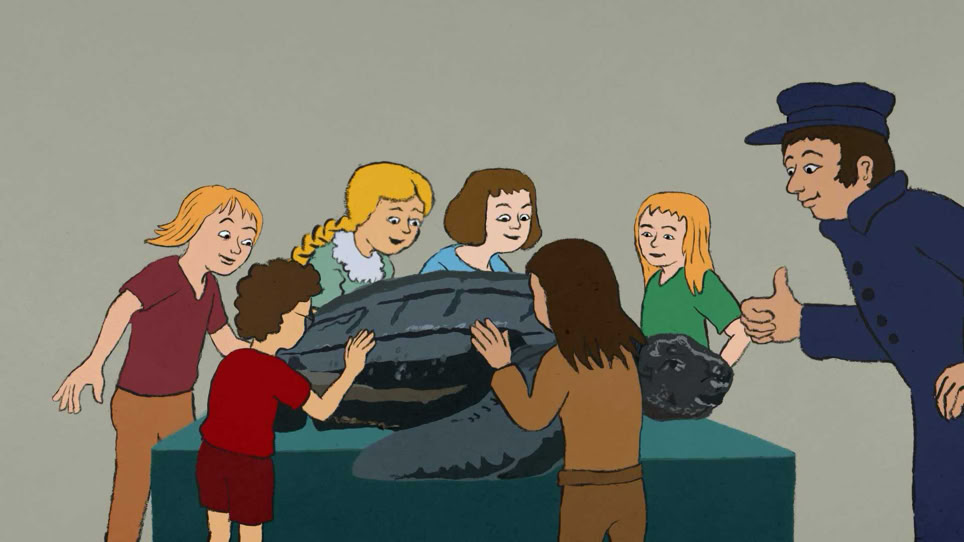 Kinder untersuchen im Museum die Natur, Fossil, Schildkröte Museumspädagogik"Am Anfang war ein Hugi" Naturmuseum Animation Illustration Trickfilm Schweiz