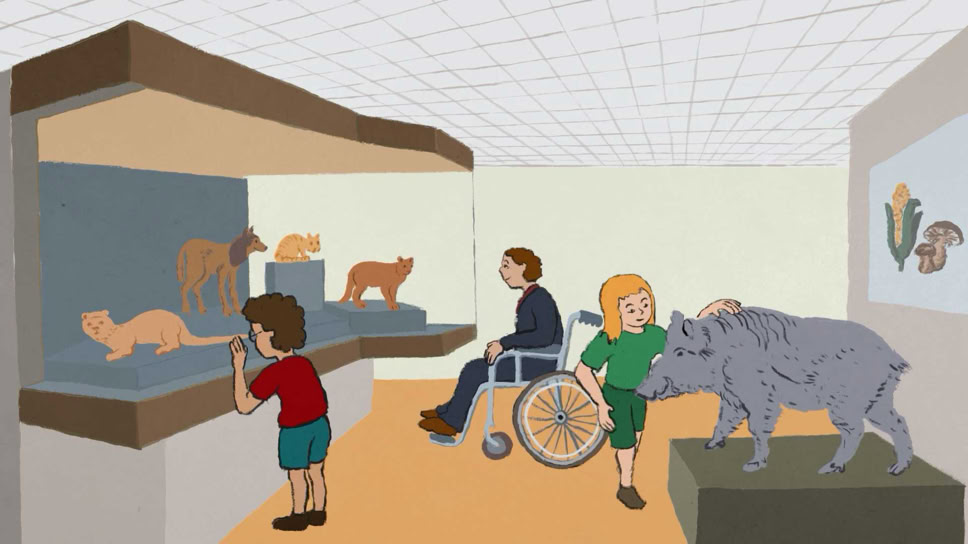 Barrierefreies Museum. Rollstuhlgängig, Inklusives Museum. Wildschwein streicheln."Am Anfang war ein Hugi" Naturmuseum Animation Illustration Trickfilm Schweiz