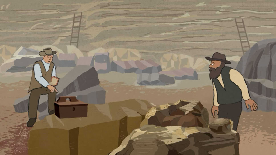 Steinbruch bei Solothurn. Mitte 19 JH. Es wird ein versteinerter Schildkrötenpanzer gefunden und ins Naturmuseum gebracht. "Am Anfang war ein Hugi" Naturmuseum Animation Illustration Trickfilm Schweiz