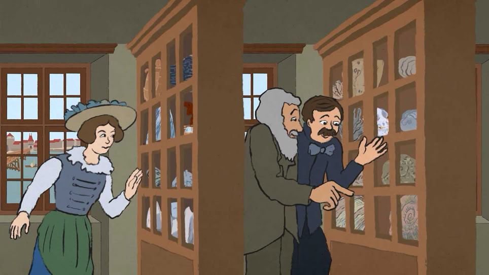 Erstes Naturmuseum in Solothurn 1825. Fossilien, Präparate, Schätze aus der Natur. Interessierte Museumsbesuchende. erstes naturmuseum im Waisenhaus Schulhaus in Solothurn "Am Anfang war ein Hugi" Naturmuseum Animation Illustration Trickfilm Schweiz