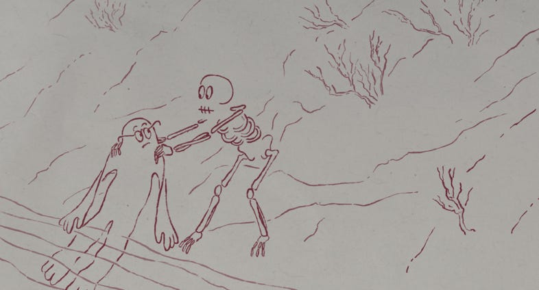 Duodrom Animationsfilm Still; Das Skelett zieht die Haut aus dem Wasser. Standbild aus dem Kurzfilm Duodorm von Basil Vogt 2019; Duodrom wurde durch Virage Film in Zürich produziert und durch das Trickbüro Zürich ausgeführt.