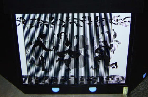 Ombro Cinéma Beispiel Museum Annecy, 66 x 50 cm die Besuchenden bewegen die Plexiglasscheiben und bringen die Bilder in Bewegung. der Zweiphasentrickfilm ist bereits Bewegung und eine kleine Erzählung. Animation und Illustration Basil Vogt Trickbüro Zürich