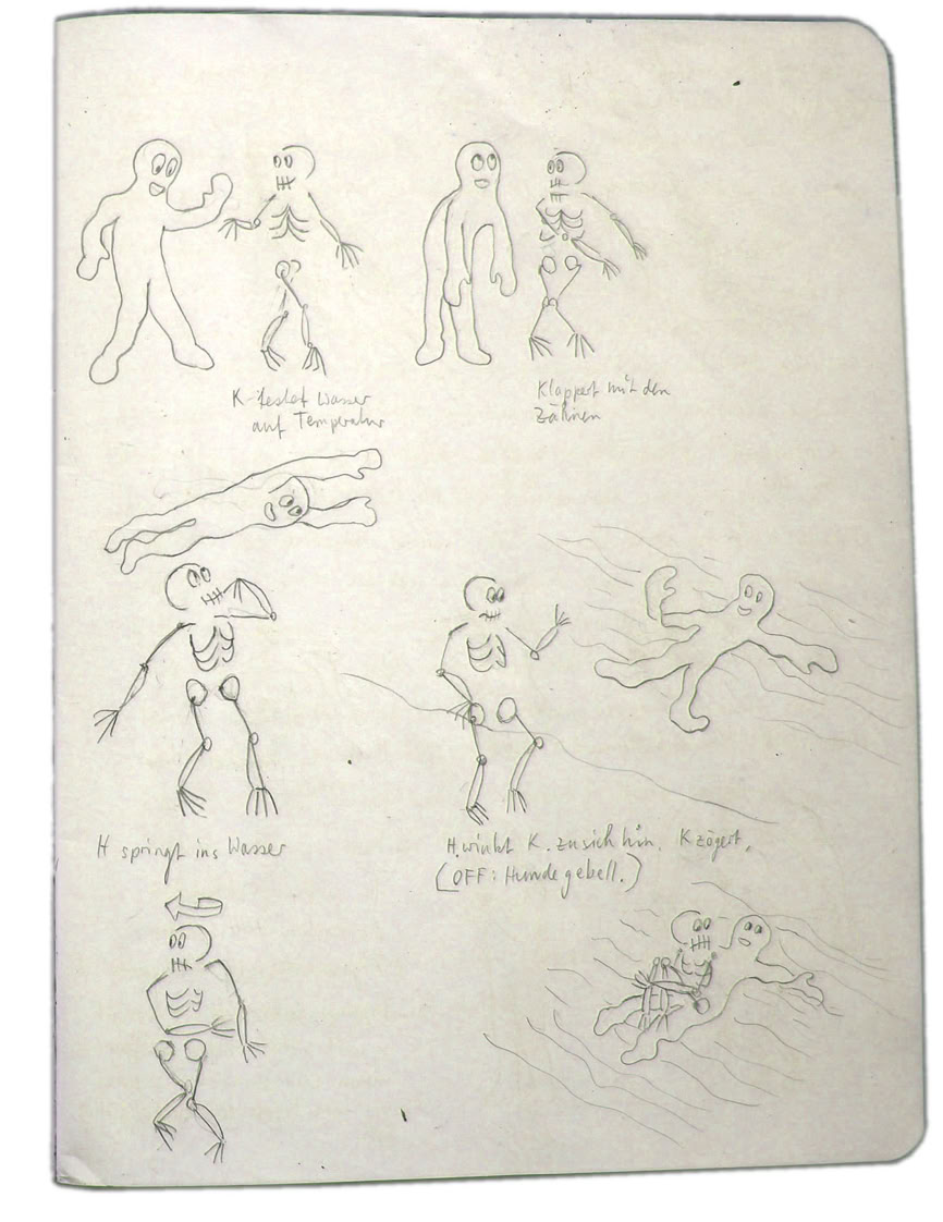 Die ersten Skizzen der beiden Figuren Haut und Skelett im Skizzenbuch von Basil Vogt. Durch die Teilung erlangt die Hauptfigur neue Fähigkeiten. Gemeinsam können sie einen Fluss überqueren. Skizze 2013 Basil Vogt