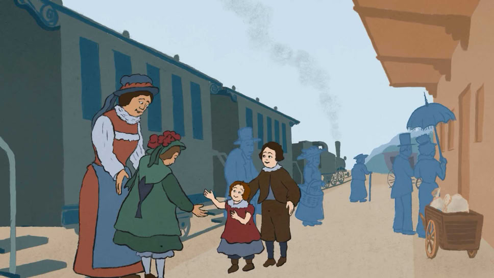 Am ersten Bahnhof Solothurn, heutiger Westbahnhof, treffen ab 1857 erste Besuchende ein. Kinder holen ihre Verwandten am Bahnhof ab."Am Anfang war ein Hugi" Naturmuseum Animation Illustration Trickfilm Schweiz