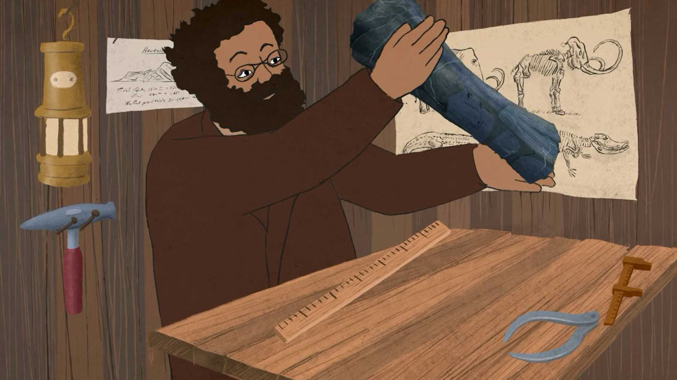 In der Baubarake des Tunnelbaus Hauenstein 1857. Geologe, Paläontologe und Naturfoscher Amanz Gressly mit Dinosaurierknochen. "Am Anfang war ein Hugi" Naturmuseum Animation Illustration Trickfilm Schweiz
