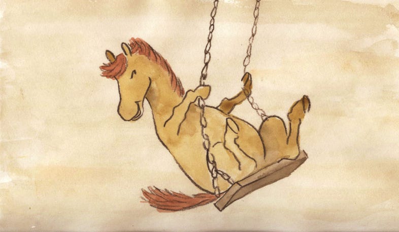 Ein Pferd auf der Schaukel. Animation auf Papier, mit Aquarellfarben koloriert.
