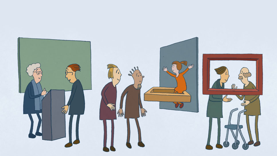 Der Austausch mit den Museumsbesuchenden findet auf Augenhöhe statt: Die Besucherin bringt ihr eigenes Wissen ein, Ein Besucher diskutiert mit einer Vermittlerin. Das Kind freut sich an der Interaktion. Standbild aus dem 2D Zeichentrickfilm CAS Museumsarbeit. Animationsfilm Museumsarbeit Trickbüro Basil Vogt. Illustration Begegnungen im Museum auf Augenhöhe.