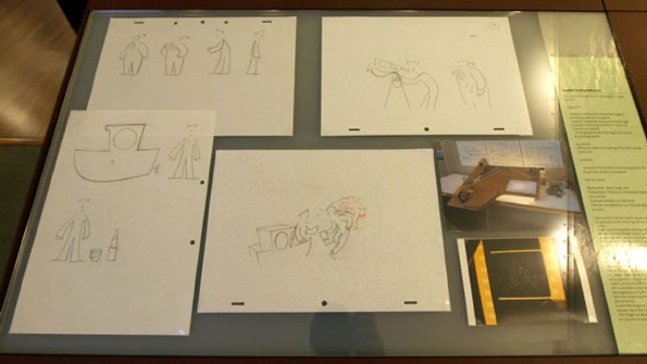 Exposition CITIA, Cité de l´image en mouvement, Conservatoire d´Art et d´Histoire, Annecy. Ausstellung von Charaktersheets und Layout Bilder des Animationsfilms Kapitän Hu von Basil Vogt.