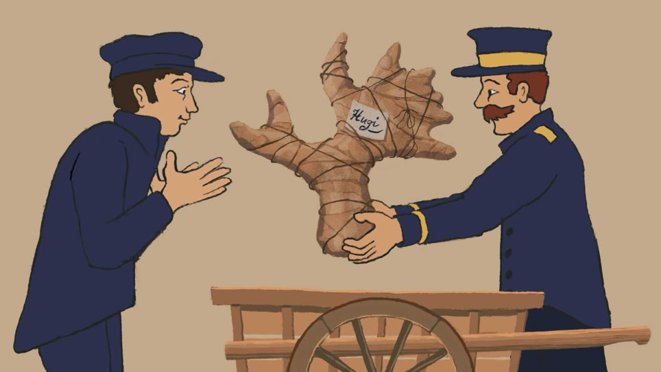 Frühes 19.JH, Franz Josef Hugi erhält ein eingepaktes Geweih eines Elches als Vergleichsobjekt. Handwagen Bote, Naturforscher."Am Anfang war ein Hugi" Naturmuseum Animation Illustration Trickfilm Schweiz Sammlungskonzept Museum